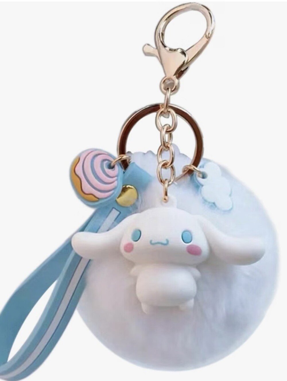Cinnamoroll-Inspired White Plush Pom Pom Keychain with Blue Strap